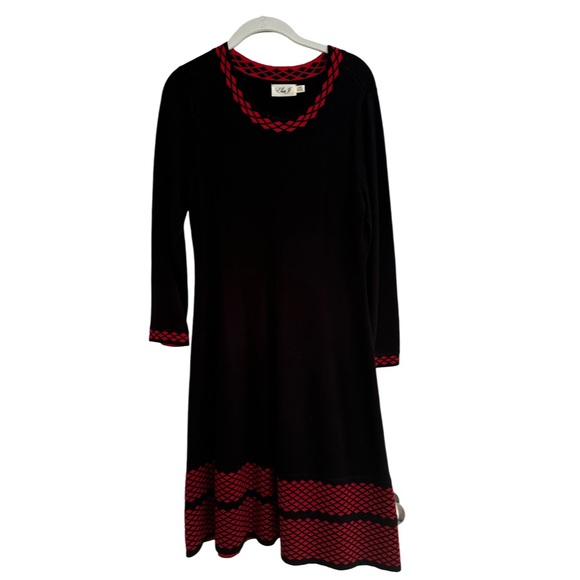 Eliza J Black Red Lattice Trim Long Sleeve Sweater Midi Dress - Picture 1 of 3